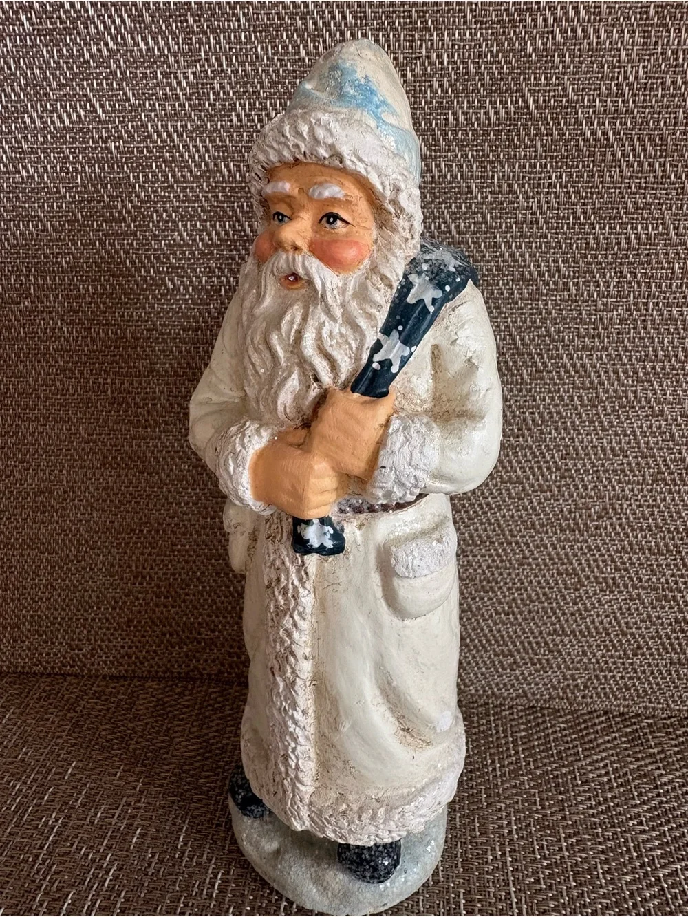 RAZ Imports White Father Christmas Santa Claus Figurine Blue Sack  Folk Art 7.5”